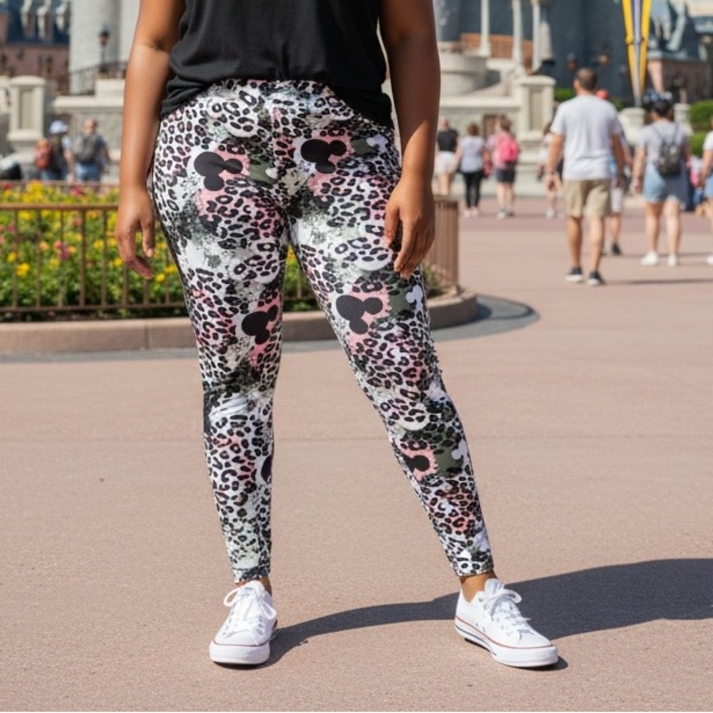 Women’s Leopard Mickey Print Leggings - Pink, Black, Olive